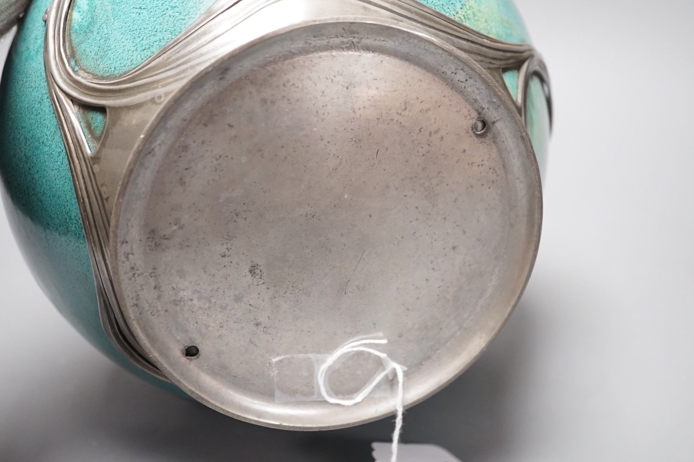 An Art Nouveau Orvit pewter mounted Ruskin style turquoise glazed jardiniere, 18cms high